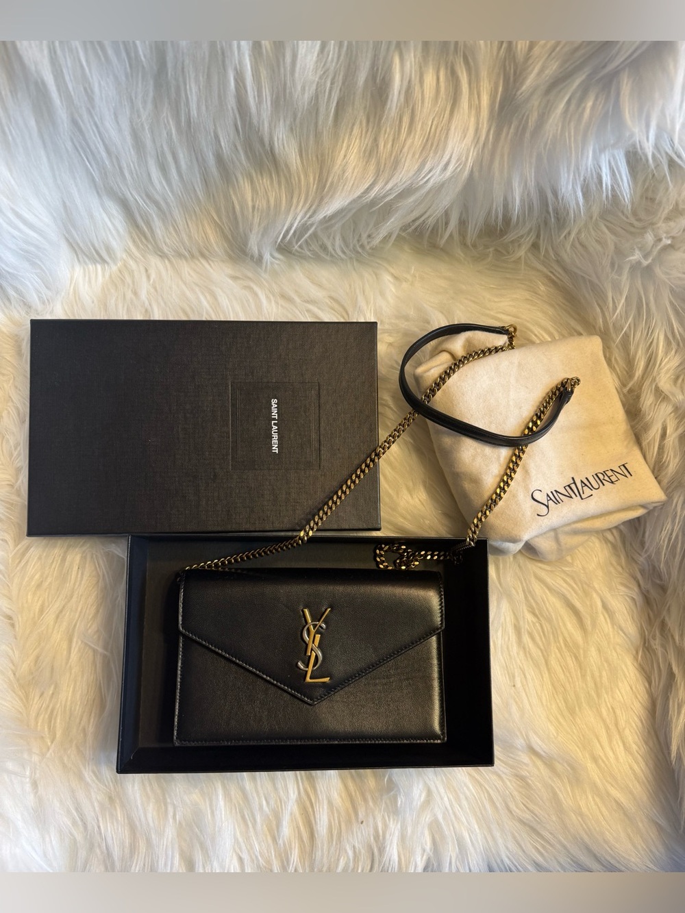 Saint Laurent Black Leather YSL Envelope Crossbody with Gold Hardware